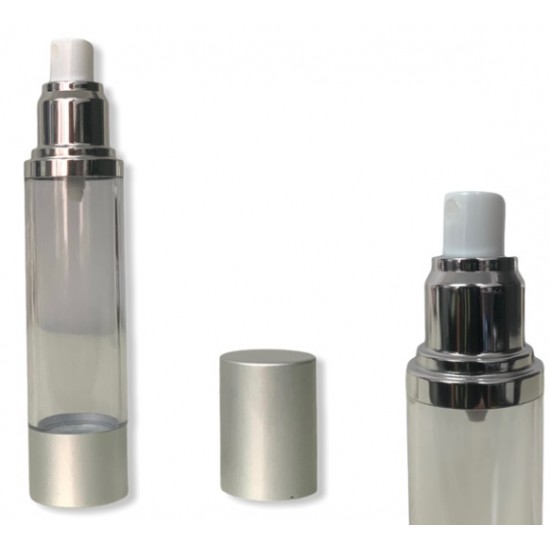 ΦΙΑΛΗ AIRLESS 50ml για υδαρή μείγματα, πλαστική διάφανη και βάση αλουμινίου σε ασημί καπάκι