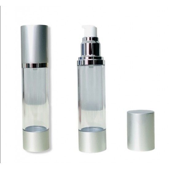 ΦΙΑΛΗ AIRLESS 50ml για κρέμα, ασημί mat με ακρυλικό διάφανο σώμα, καπάκι και βάση αλουμινίου